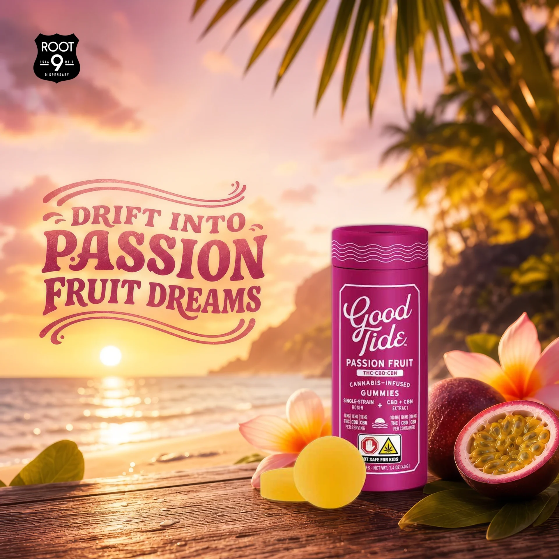 Good Tide passionfruit gummies at a tropical sunset