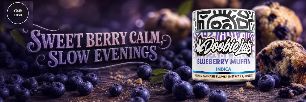 Doobie Labs Blueberry Muffin, kiosk & website banner